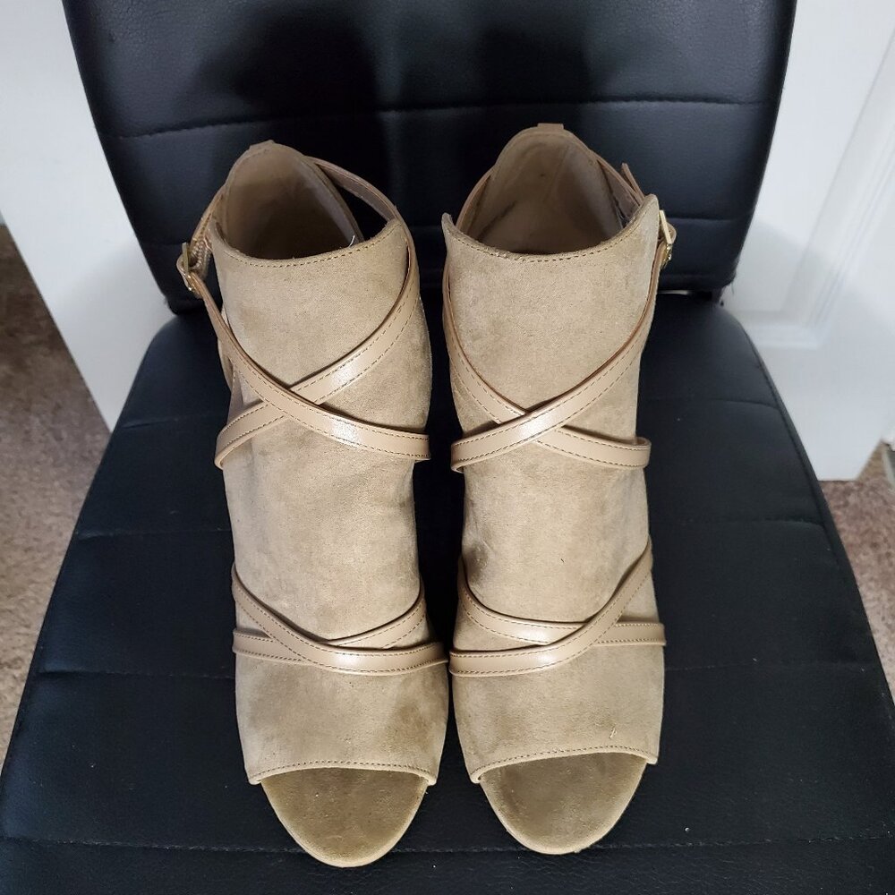 TAN SUEDE PEEP-TOE BOOTIES